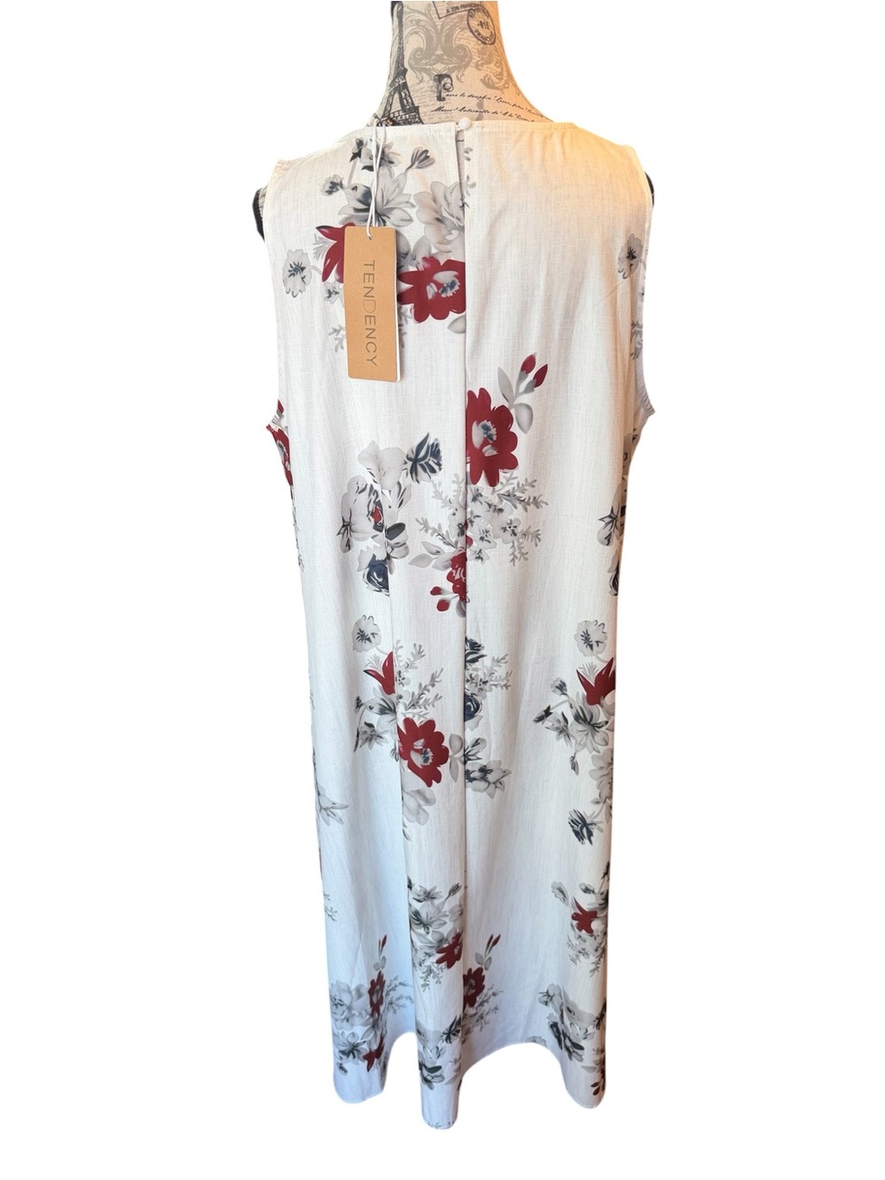 Sleeveless White Floral Maxi Dress with Red and Gray Blooms - Picture 3 of 6